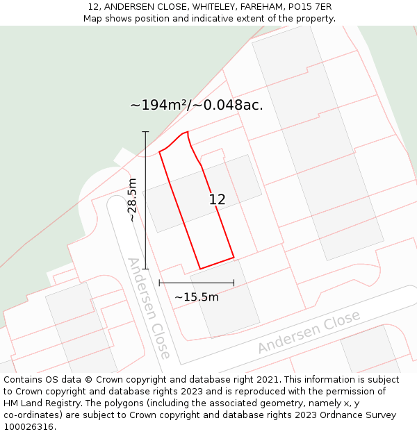 12, ANDERSEN CLOSE, WHITELEY, FAREHAM, PO15 7ER: Plot and title map