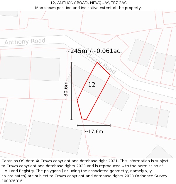 12, ANTHONY ROAD, NEWQUAY, TR7 2AS: Plot and title map
