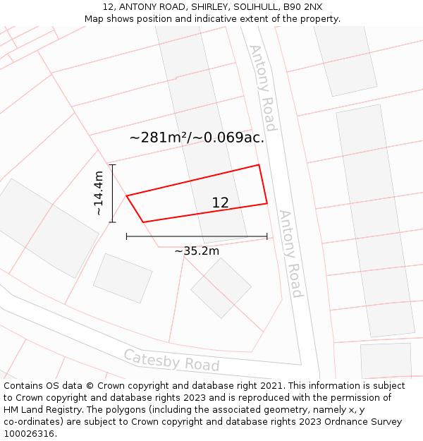 12, ANTONY ROAD, SHIRLEY, SOLIHULL, B90 2NX: Plot and title map