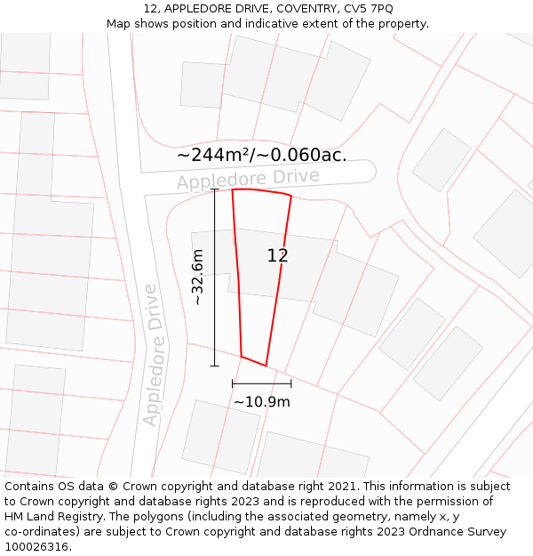 12, APPLEDORE DRIVE, COVENTRY, CV5 7PQ: Plot and title map