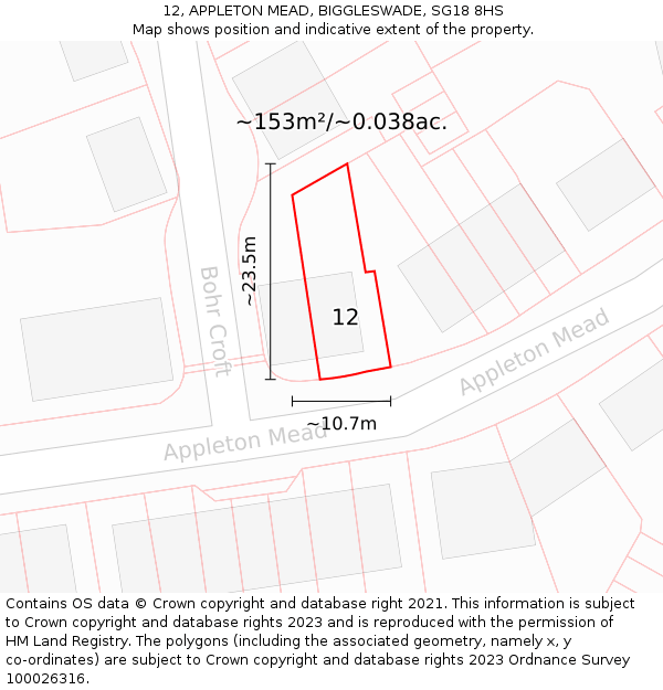12, APPLETON MEAD, BIGGLESWADE, SG18 8HS: Plot and title map
