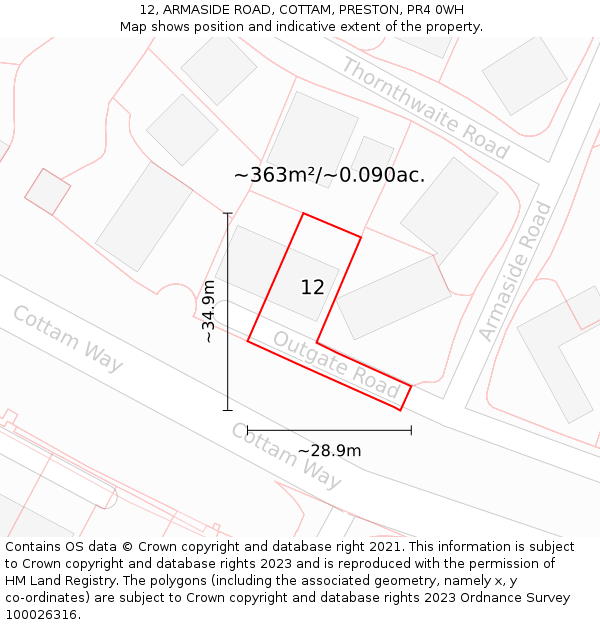 12, ARMASIDE ROAD, COTTAM, PRESTON, PR4 0WH: Plot and title map