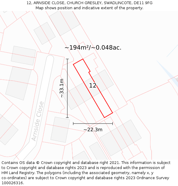12, ARNSIDE CLOSE, CHURCH GRESLEY, SWADLINCOTE, DE11 9FG: Plot and title map