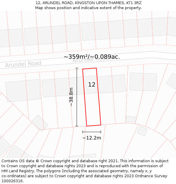 12, ARUNDEL ROAD, KINGSTON UPON THAMES, KT1 3RZ: Plot and title map