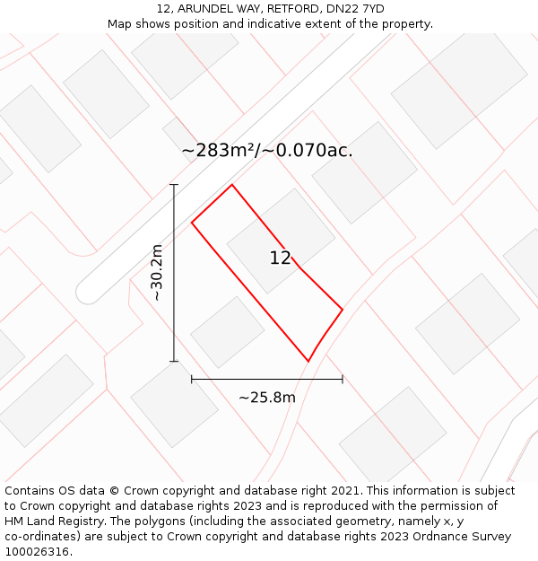 12, ARUNDEL WAY, RETFORD, DN22 7YD: Plot and title map