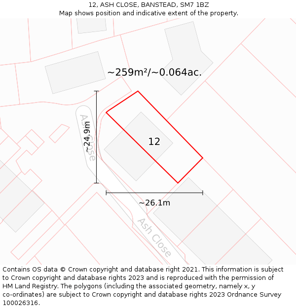 12, ASH CLOSE, BANSTEAD, SM7 1BZ: Plot and title map
