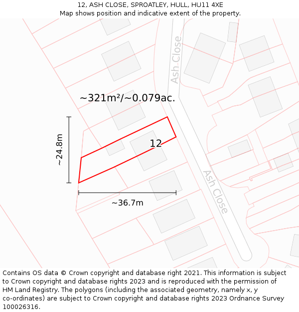 12, ASH CLOSE, SPROATLEY, HULL, HU11 4XE: Plot and title map