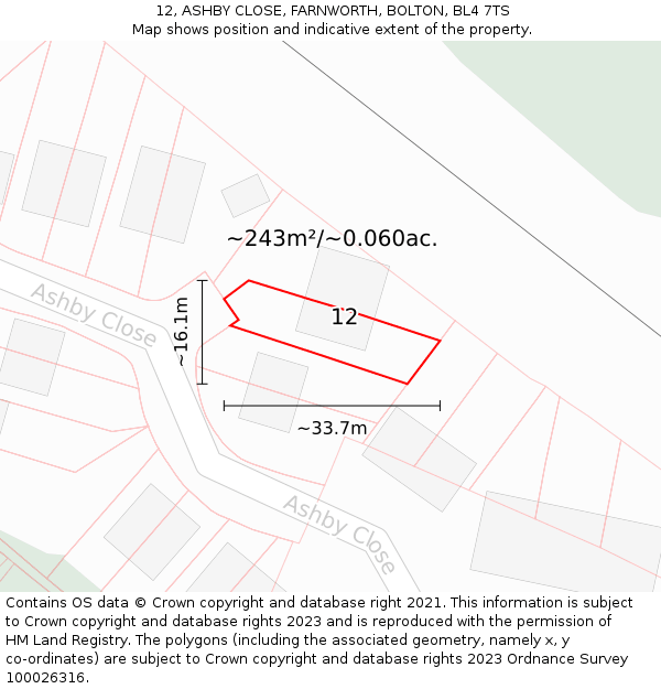 12, ASHBY CLOSE, FARNWORTH, BOLTON, BL4 7TS: Plot and title map
