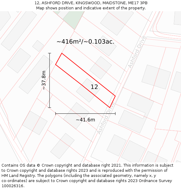 12, ASHFORD DRIVE, KINGSWOOD, MAIDSTONE, ME17 3PB: Plot and title map