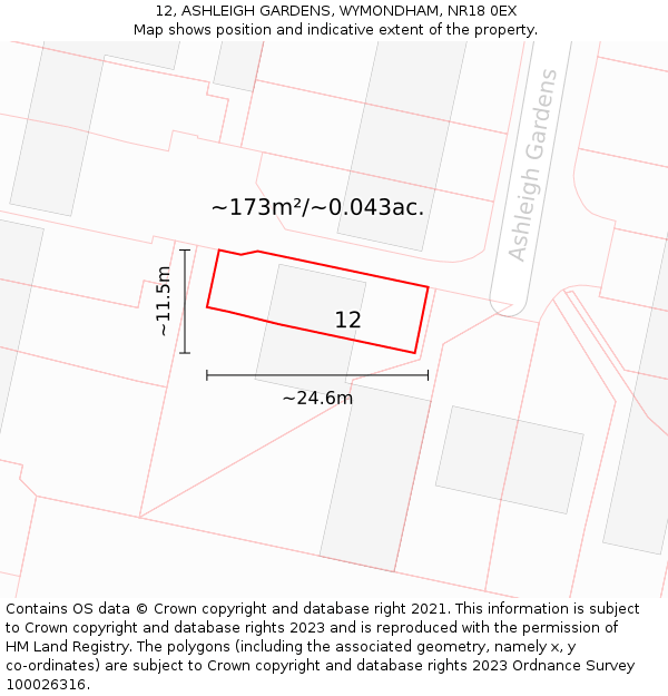 12, ASHLEIGH GARDENS, WYMONDHAM, NR18 0EX: Plot and title map