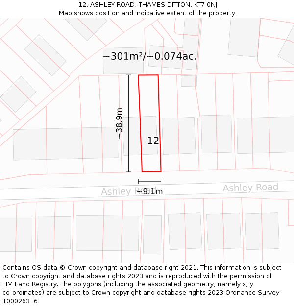 12, ASHLEY ROAD, THAMES DITTON, KT7 0NJ: Plot and title map