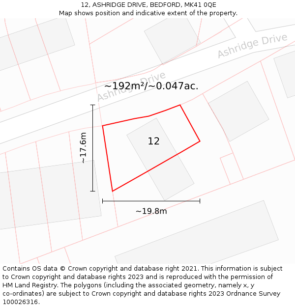 12, ASHRIDGE DRIVE, BEDFORD, MK41 0QE: Plot and title map