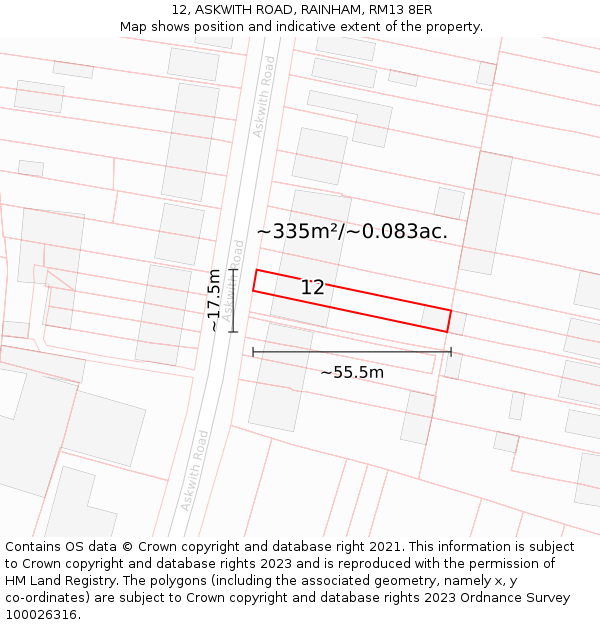 12, ASKWITH ROAD, RAINHAM, RM13 8ER: Plot and title map