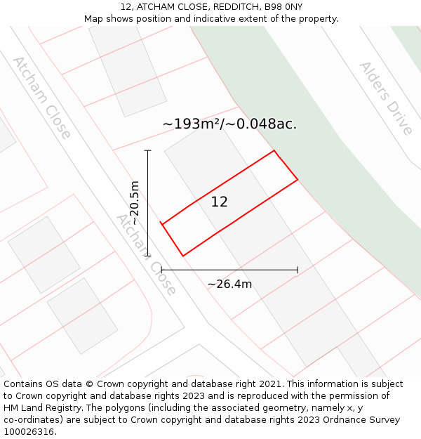 12, ATCHAM CLOSE, REDDITCH, B98 0NY: Plot and title map