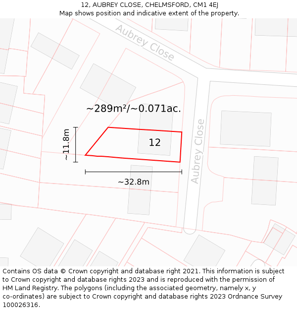 12, AUBREY CLOSE, CHELMSFORD, CM1 4EJ: Plot and title map