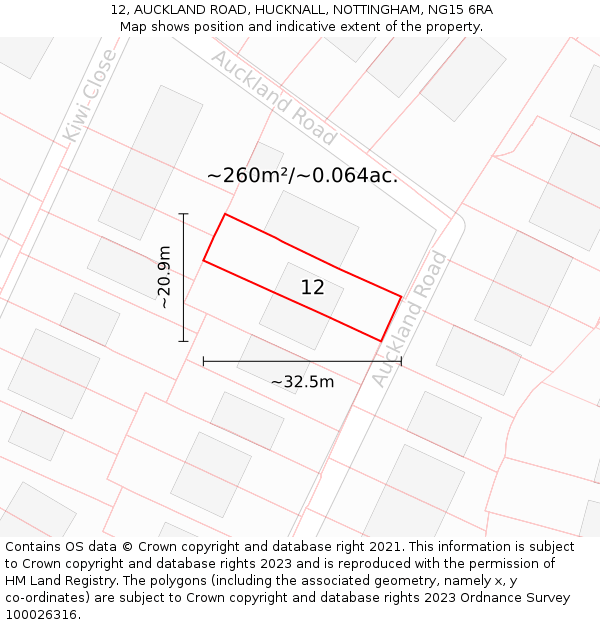 12, AUCKLAND ROAD, HUCKNALL, NOTTINGHAM, NG15 6RA: Plot and title map