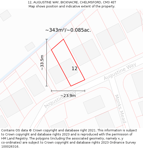12, AUGUSTINE WAY, BICKNACRE, CHELMSFORD, CM3 4ET: Plot and title map
