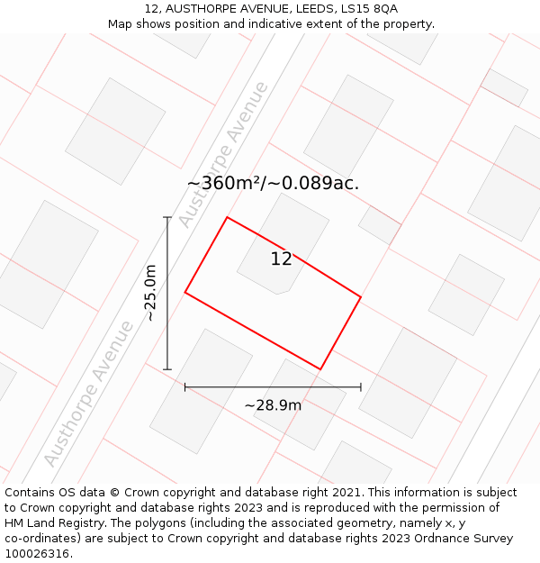 12, AUSTHORPE AVENUE, LEEDS, LS15 8QA: Plot and title map