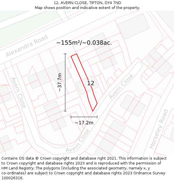 12, AVERN CLOSE, TIPTON, DY4 7ND: Plot and title map