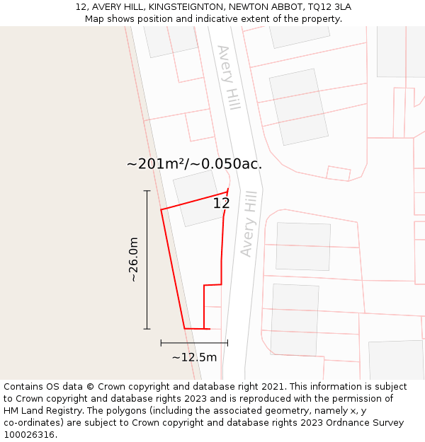 12, AVERY HILL, KINGSTEIGNTON, NEWTON ABBOT, TQ12 3LA: Plot and title map