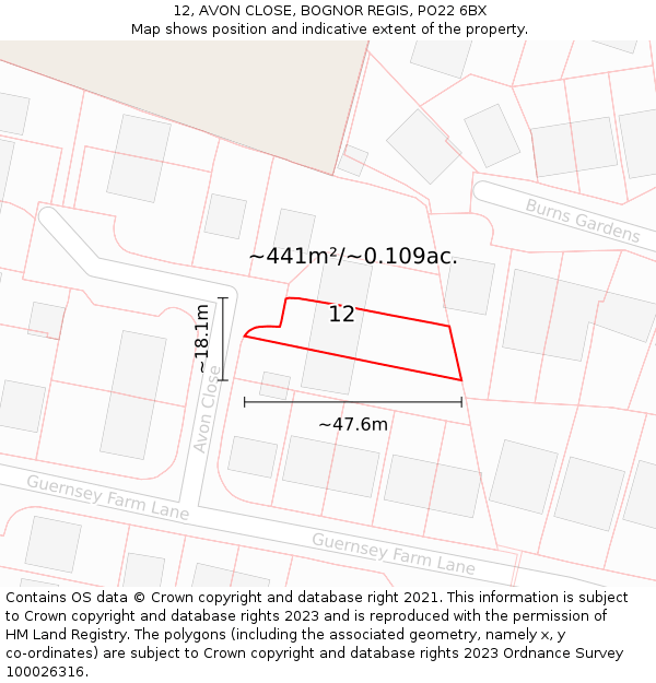 12, AVON CLOSE, BOGNOR REGIS, PO22 6BX: Plot and title map