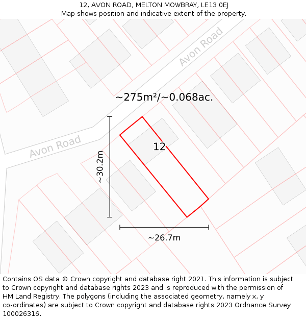 12, AVON ROAD, MELTON MOWBRAY, LE13 0EJ: Plot and title map