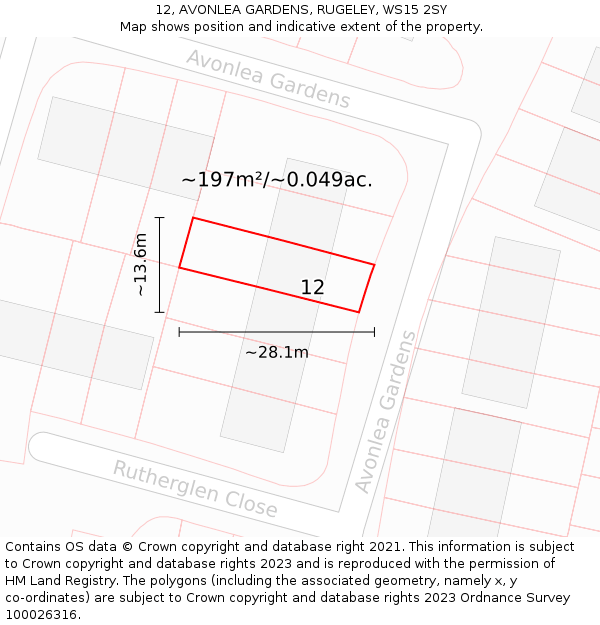 12, AVONLEA GARDENS, RUGELEY, WS15 2SY: Plot and title map
