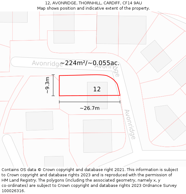 12, AVONRIDGE, THORNHILL, CARDIFF, CF14 9AU: Plot and title map