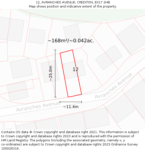 12, AVRANCHES AVENUE, CREDITON, EX17 2HB: Plot and title map