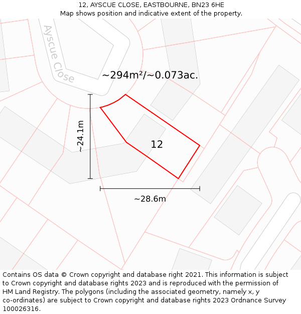 12, AYSCUE CLOSE, EASTBOURNE, BN23 6HE: Plot and title map