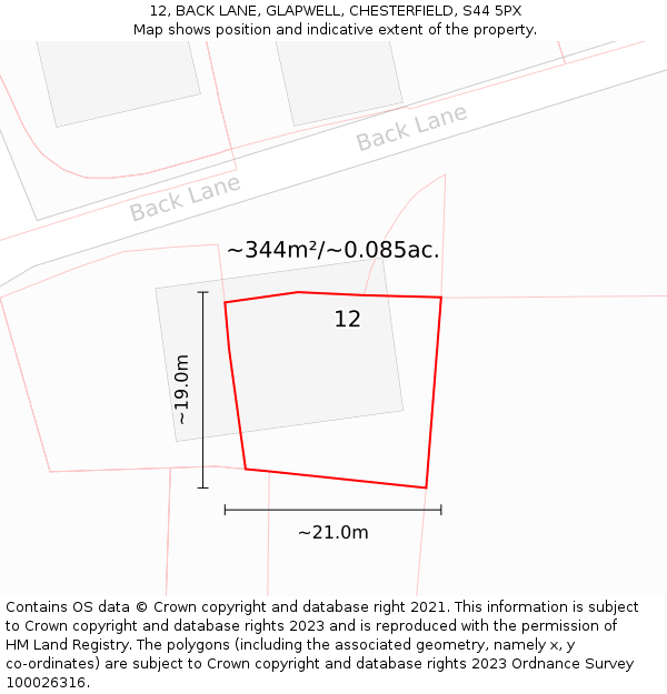 12, BACK LANE, GLAPWELL, CHESTERFIELD, S44 5PX: Plot and title map