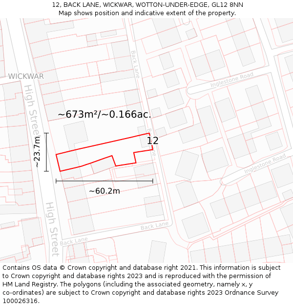 12, BACK LANE, WICKWAR, WOTTON-UNDER-EDGE, GL12 8NN: Plot and title map
