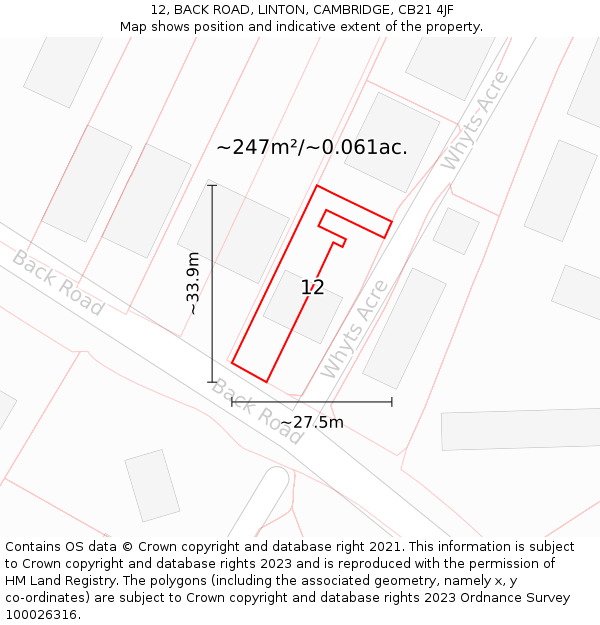 12, BACK ROAD, LINTON, CAMBRIDGE, CB21 4JF: Plot and title map