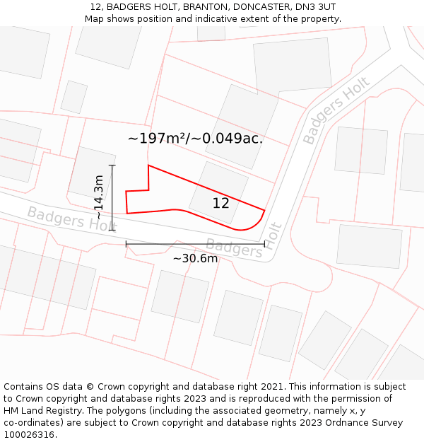 12, BADGERS HOLT, BRANTON, DONCASTER, DN3 3UT: Plot and title map