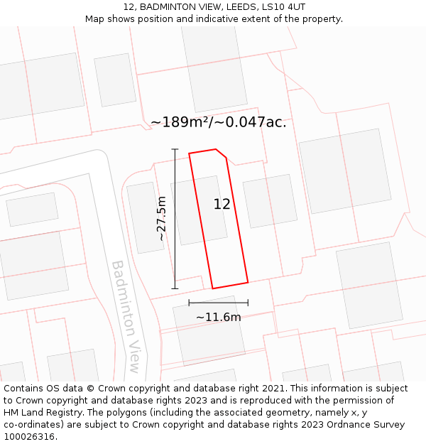 12, BADMINTON VIEW, LEEDS, LS10 4UT: Plot and title map