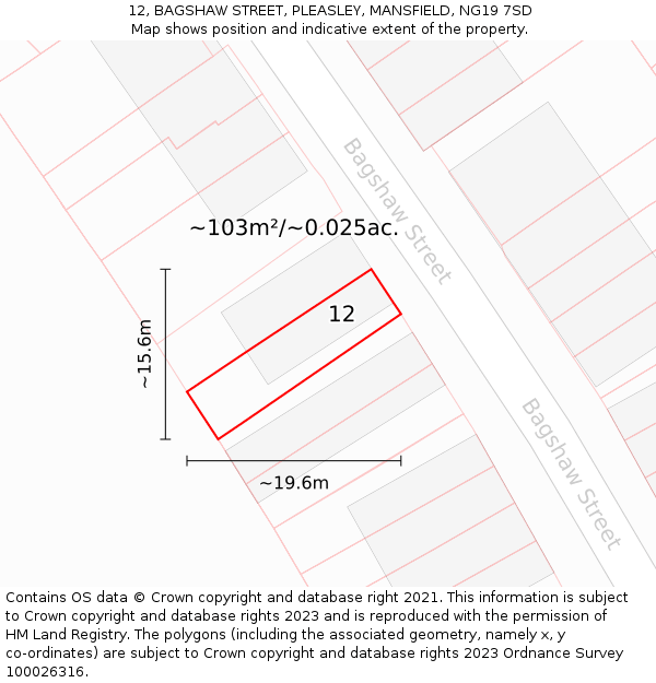 12, BAGSHAW STREET, PLEASLEY, MANSFIELD, NG19 7SD: Plot and title map