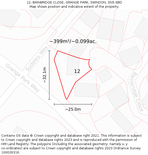 12, BAINBRIDGE CLOSE, GRANGE PARK, SWINDON, SN5 6BD: Plot and title map