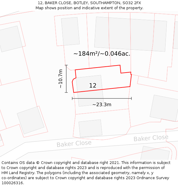 12, BAKER CLOSE, BOTLEY, SOUTHAMPTON, SO32 2FX: Plot and title map