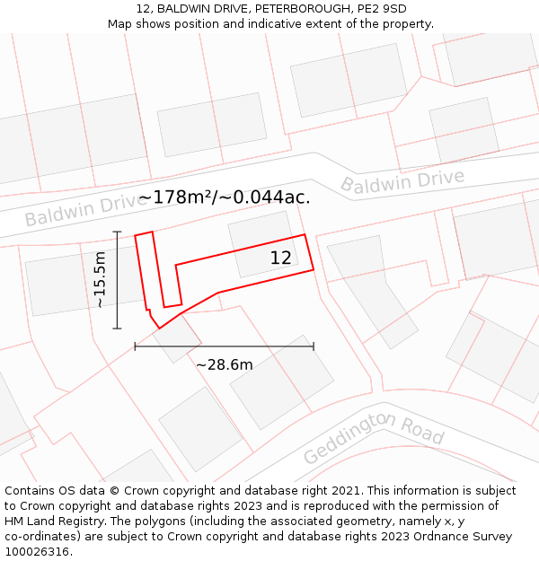 12, BALDWIN DRIVE, PETERBOROUGH, PE2 9SD: Plot and title map