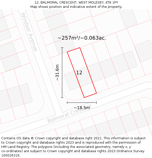 12, BALMORAL CRESCENT, WEST MOLESEY, KT8 1PY: Plot and title map