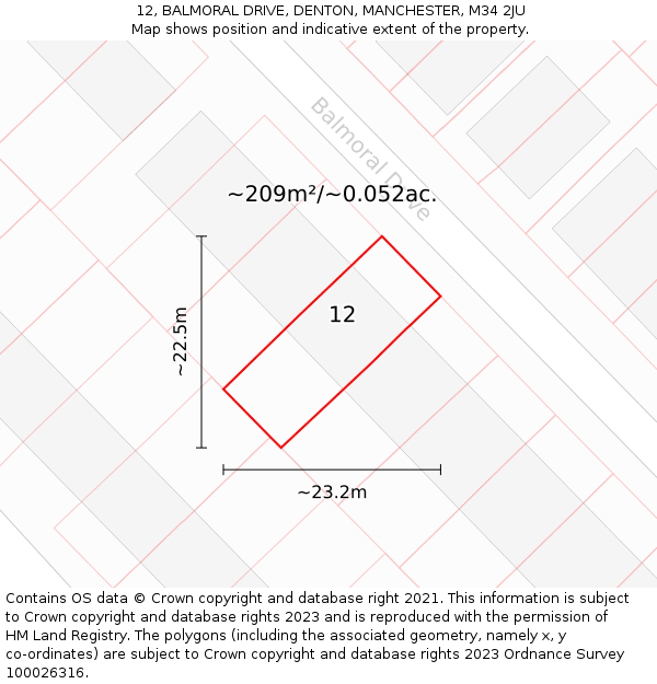 12, BALMORAL DRIVE, DENTON, MANCHESTER, M34 2JU: Plot and title map