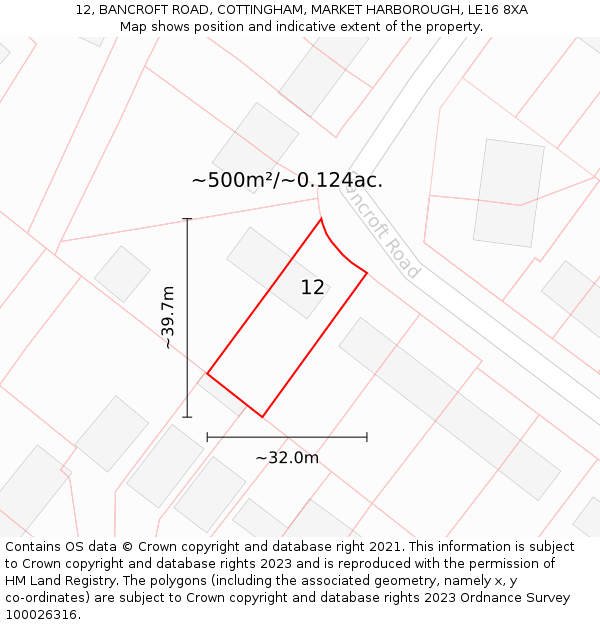 12, BANCROFT ROAD, COTTINGHAM, MARKET HARBOROUGH, LE16 8XA: Plot and title map