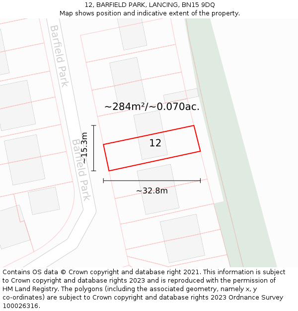 12, BARFIELD PARK, LANCING, BN15 9DQ: Plot and title map