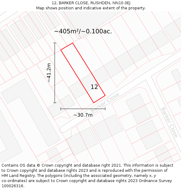 12, BARKER CLOSE, RUSHDEN, NN10 0EJ: Plot and title map