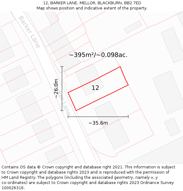 12, BARKER LANE, MELLOR, BLACKBURN, BB2 7ED: Plot and title map