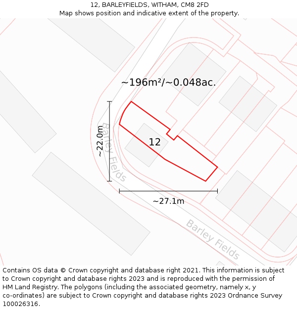 12, BARLEYFIELDS, WITHAM, CM8 2FD: Plot and title map
