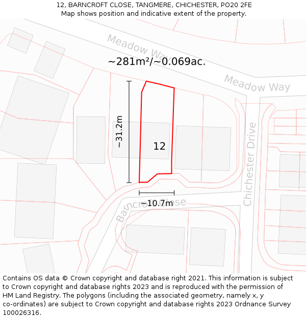 12, BARNCROFT CLOSE, TANGMERE, CHICHESTER, PO20 2FE: Plot and title map