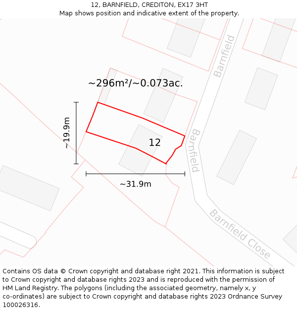 12, BARNFIELD, CREDITON, EX17 3HT: Plot and title map
