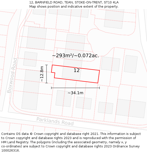 12, BARNFIELD ROAD, TEAN, STOKE-ON-TRENT, ST10 4LA: Plot and title map