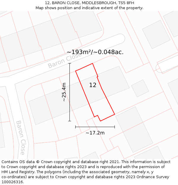 12, BARON CLOSE, MIDDLESBROUGH, TS5 8FH: Plot and title map
